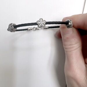 Black Cable Bracelet w Silver Flowers w Rhinestones